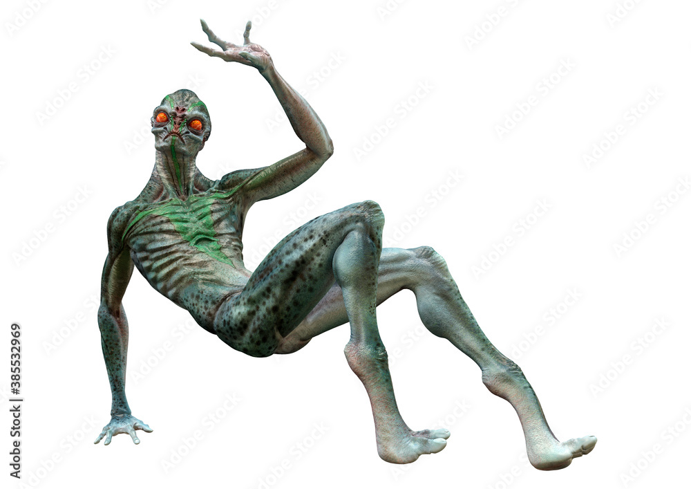 3D Rendering Green Alien on White