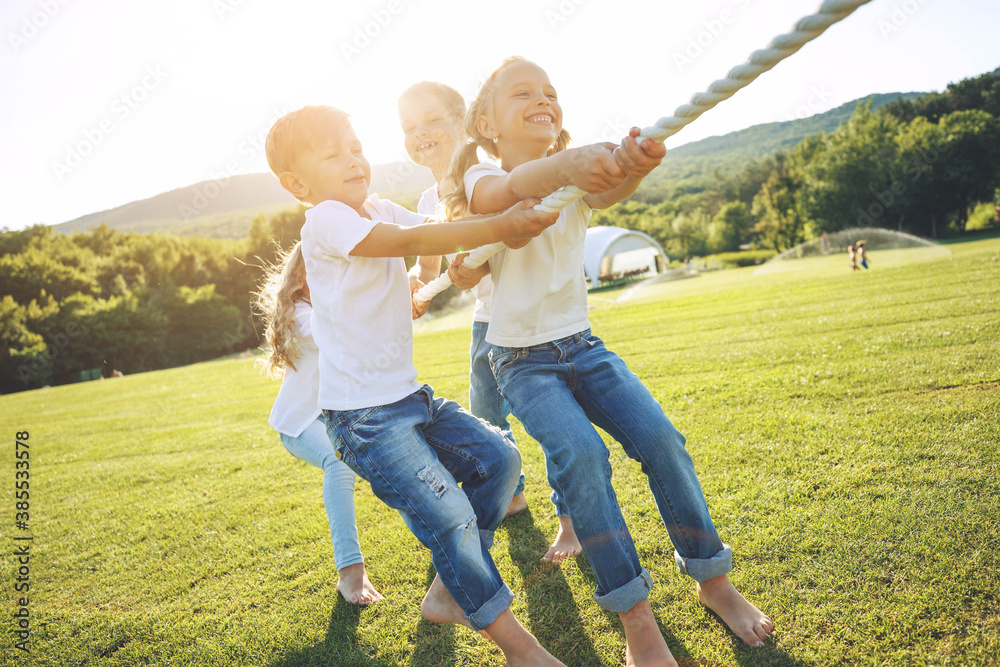 Fototapeta premium Children play tug of war in the park. A group of cute children playing actively together in nature. Cute kids outdoors. High quality photo.