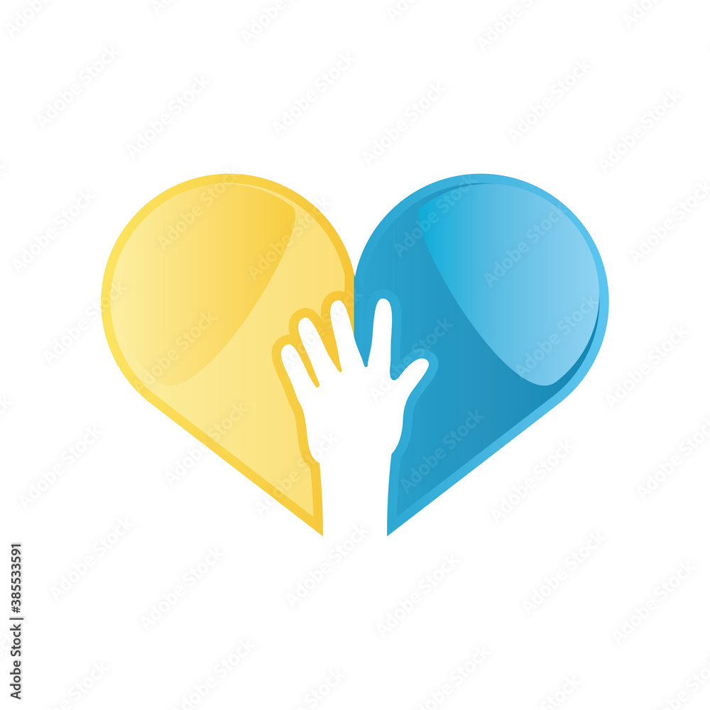 world down syndrome day, hand inside heart blue and yellow world down syndrome day, hand inside heart blue and yellow