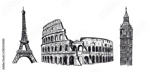 Sketch of the Coliseum, Eiffel tower in Paris, Big Ben. Hand drawn illustrations.