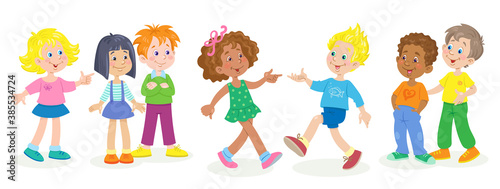 Happy kids play and dance at the party. Children of different nationalities. In cartoon style. Isolated on white background. Vector flat illustration.