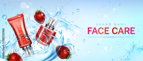 Face care products in water splash with strawberries. Vector realistic brand poster with moisturizing skin care cream, gel or masque in red bottle and tube. Promo banner, advertising background