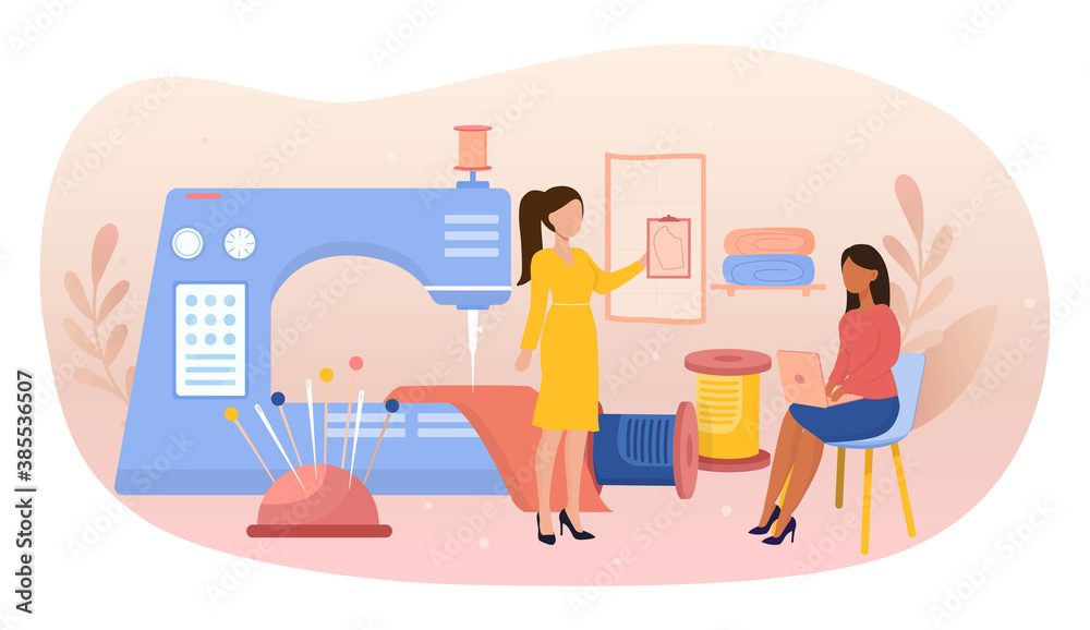 Fashion designer abstract concept. Two young women on the background of a giant sewing machine in the Studio creating the design of a new dress. Flat cartoon vector illustration