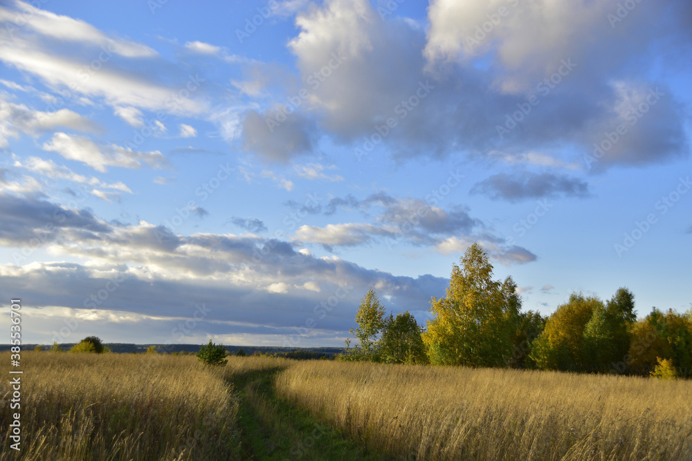 Field road in the autumn field. Sunny autumn in the foothills of the Western Urals.