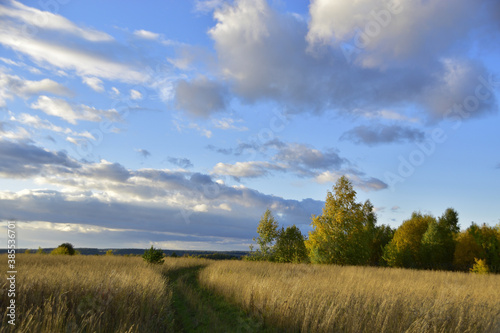 Field road in the autumn field. Sunny autumn in the foothills of the Western Urals.
