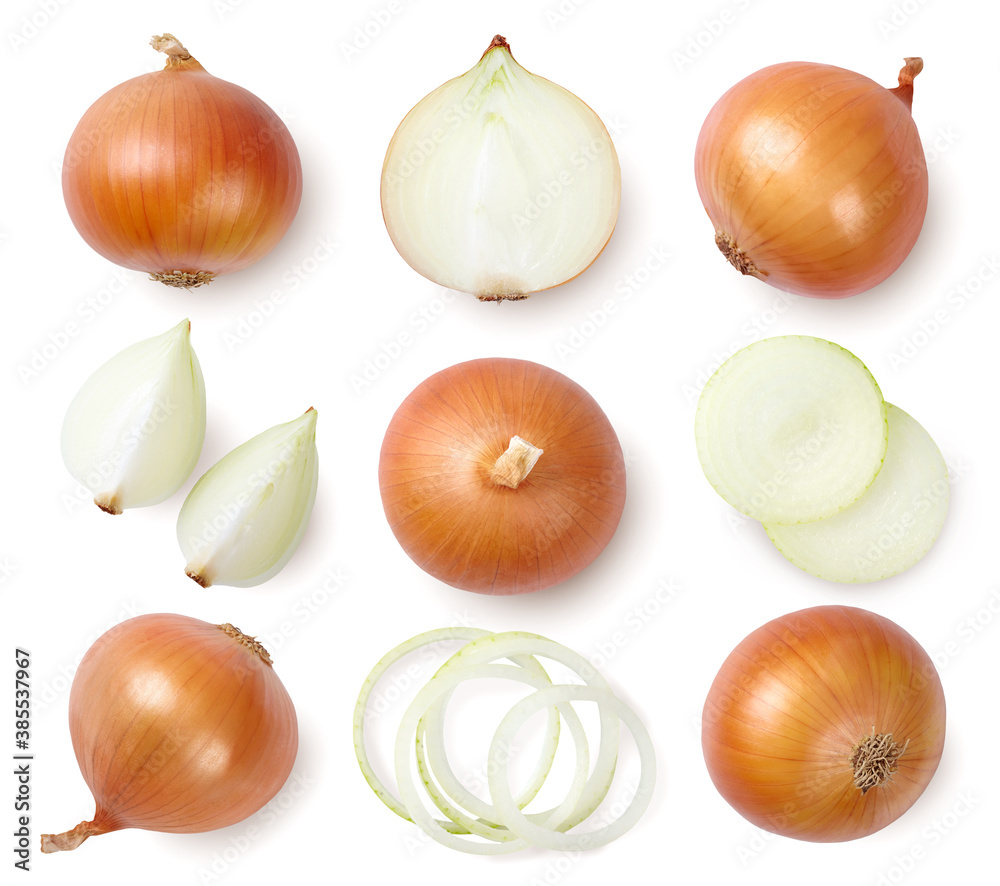 Whole and sliced onions isolated on white background. Top view. - obrazy, fototapety, plakaty 