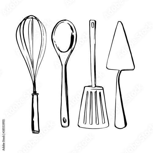 Kitchen tools. Whisk, spoon, spatula. Vector sketch of food in ink on a white background.