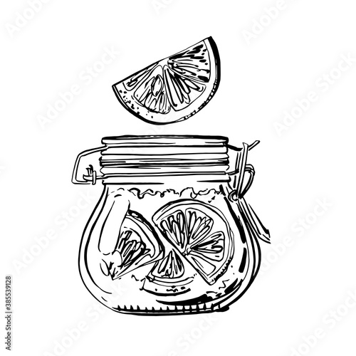 A jar of orange jam. Vector sketch of food in ink on a white background.