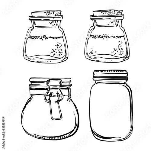 Glass jars with a lock. Vector sketch of food in ink on a white background.