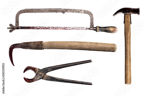 Set of bloody rusty vintage tools isolated on white background. Halloween horror, maniac work tool concept.
