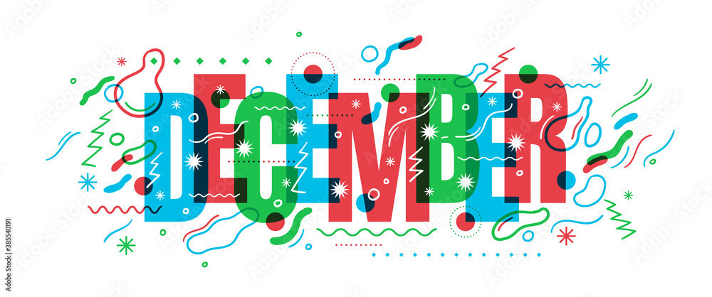 Typographic December banner sign in colorful abstract style. Vector illustration.