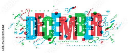 Typographic December banner sign in colorful abstract style. Vector illustration.