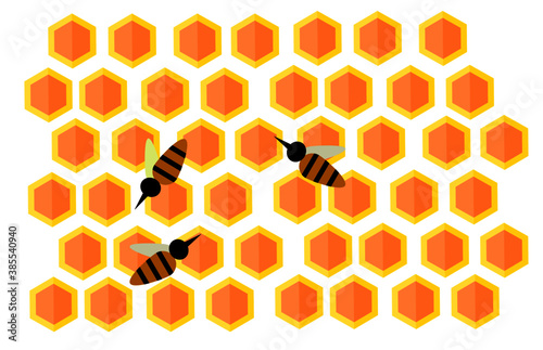 background with honeycombs. An illustration of honey bees and honeycomb.