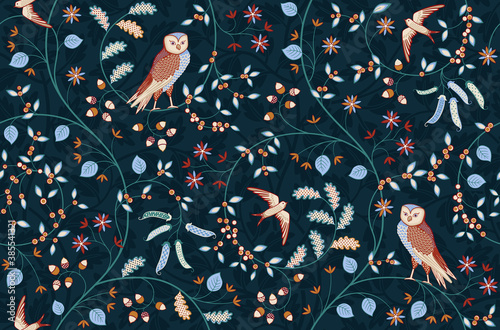 Vintage seamless fabric ornament with flowers and birds on dark blue background. Middle ages William Morris style. Vector illustration.