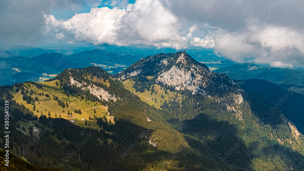 Beautiful alpine summer view with dramatic clouds at the famous Wendelstein near Bayrischzell, Bavaria, Germany