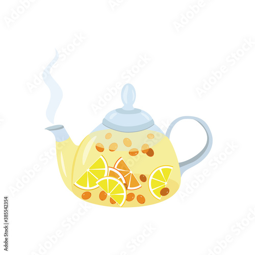 Teapot with fruit tea. Hot tea with slices of fresh lemon, orange, sea buckthorn berries. A warming drink. Tea time, Breakfast. Vector illustration in flat style isolated on a white background