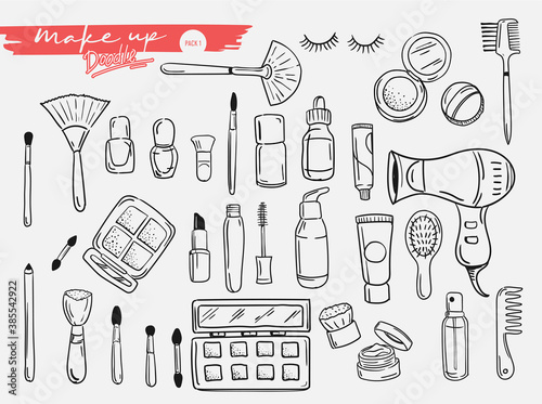 Set of beauty cosmetics makeup doodle with hand drawn line style. vector illustration.
