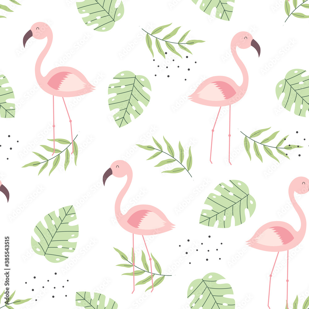 Obraz premium Seamless pattern Flamingo and leaves Hand drawn cartoon animal background in childrens style The design used for Print, wallpaper, fabric, textile Vector illustration