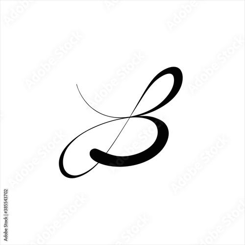 Calligraphic handwritten B letter.  Elegant, feminine, wedding character shape. Uppercase alphabet initial. 