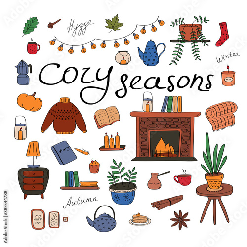 Cozy seasons. Big set of hygge icons and handwritten lettering. Cute elements for posters, cards, stickers and seasonal designs. Hand drawn vector illustration in Scandinavian style
