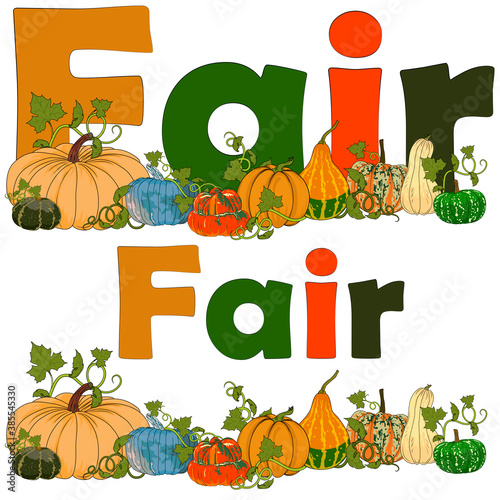 Background for the fair. Illustration of pumpkin varieties for the preparatory period for the celebration of Halloween and Thanksgiving Day.