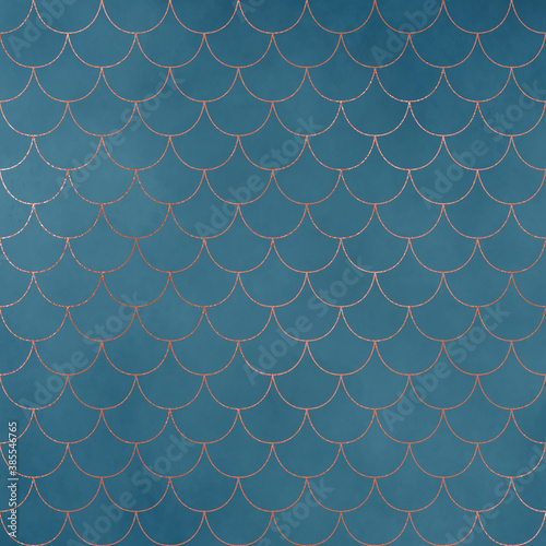 Copper Metallic Pattern on Vintage Teal Background, Digital Paper