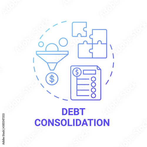 Debt consolidation concept icon. Mortgage refinance benefit idea thin line illustration. Single payment. Several unsecured debts combination. Second mortgage. Vector isolated outline RGB color drawing