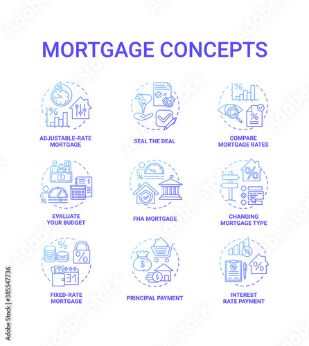 Mortgage concept icons set. Loan housing idea thin line RGB color illustrations. Changing mortgage type. Adjustable-rate mortgage. Seal deal. Compare loan rates. Vector isolated outline drawings
