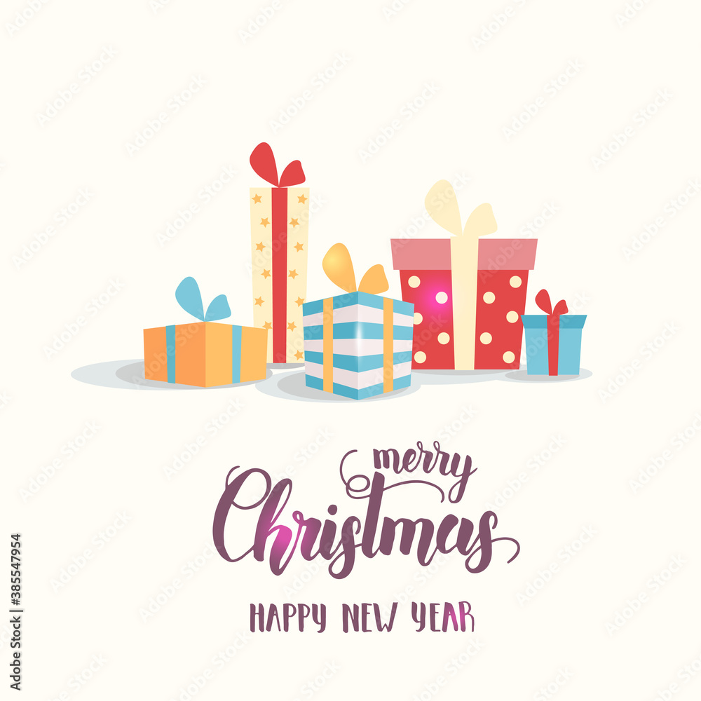 Set of Gift boxes isolated on white. Flat style illustration. Happy New Year and merry  Christmas. Hand made Lettering