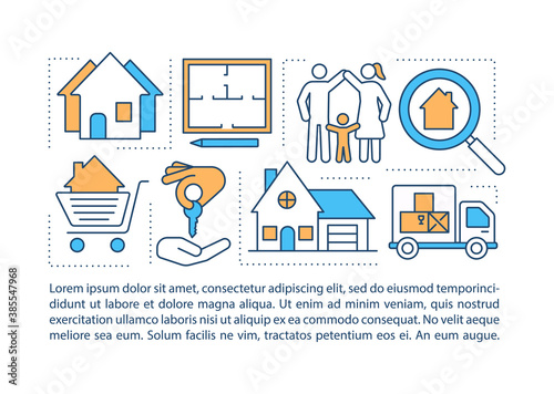 House hunting concept icon with text. Market analysis. Real estate. Family relocation. PPT page vector template. Brochure, magazine, booklet design element with linear illustrations