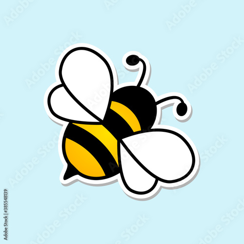 Cute bee flat icon. Sticker cartoon bee. Vector isolated on blue background.