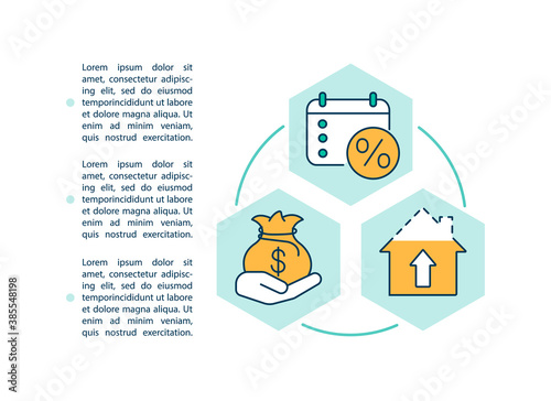 Refinancing house loan concept icon with text. Debt consolidation. New loans mortgage rate. PPT page vector template. Brochure, magazine, booklet design element with linear illustrations