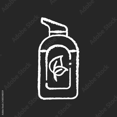Organic hand sanitizer chalk white icon on black background. Herbal lotion in bottle with pump. Liquid soap in tube package. Dermatology care. Isolated vector chalkboard illustration