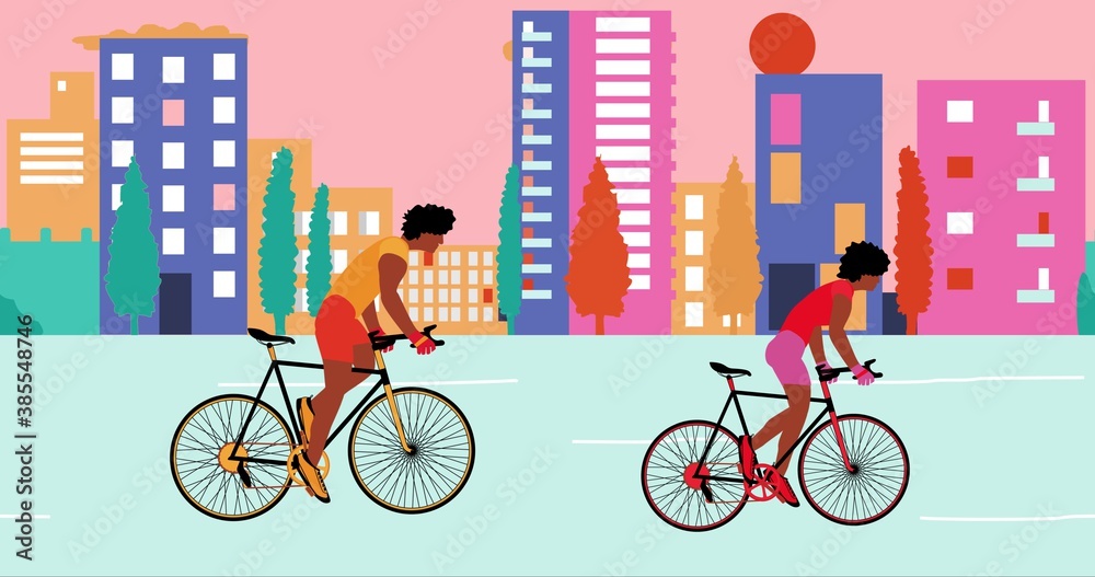African American man and woman cyclists is riding bicycle in the summer empty city during sunset. Cartoon , flat design