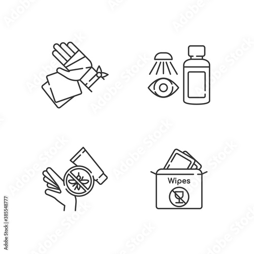 Emergency medical kit linear icons set. Gauze bandage and pads. Eyewash cleanser. Insect bite cream. Customizable thin line contour symbols. Isolated vector outline illustrations. Editable stroke