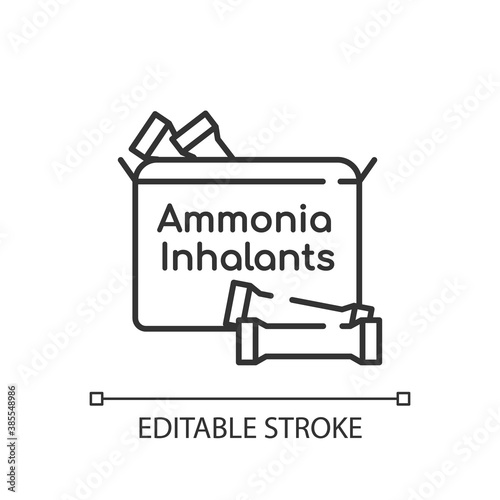 Ammonia inhalants linear icon. Smelling salts or respiratory problem. Flu treatment. Thin line customizable illustration. Contour symbol. Vector isolated outline drawing. Editable stroke