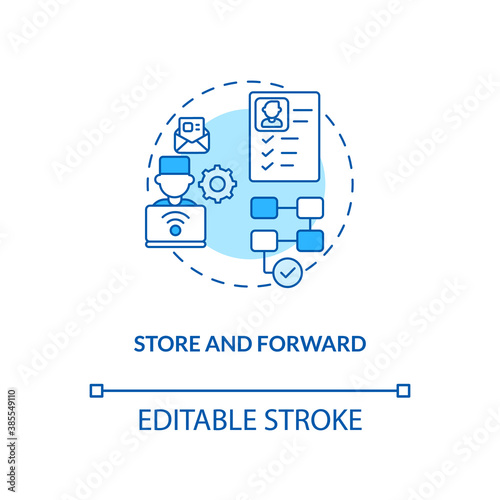 Store and forward concept icon. Telemedicine pros. Sending patient data to right hospital. Remote clinic idea thin line illustration. Vector isolated outline RGB color drawing. Editable stroke