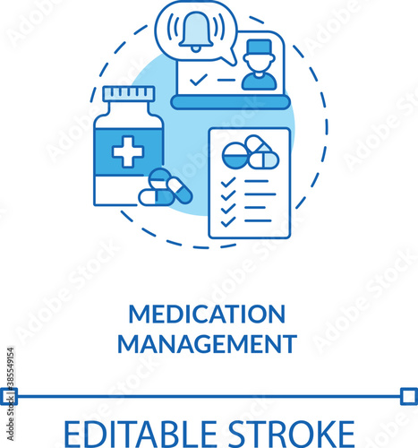 Medication management concept icon. Telemedicine service option. Healthcare technology. Future patient treatment idea thin line illustration. Vector isolated outline RGB color drawing. Editable stroke