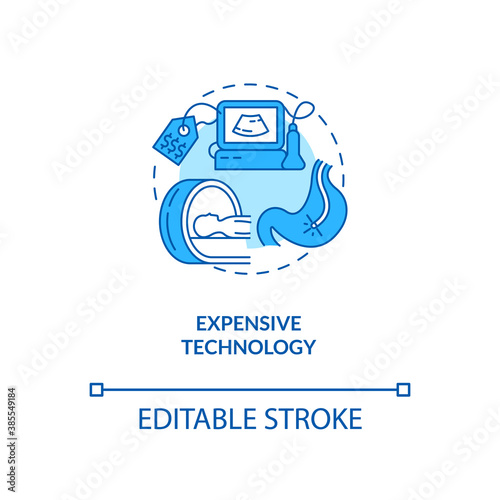 Expensive technology concept icon. Telemedicine challenges. Medical technologies issues. Inovational treatment idea thin line illustration. Vector isolated outline RGB color drawing. Editable stroke