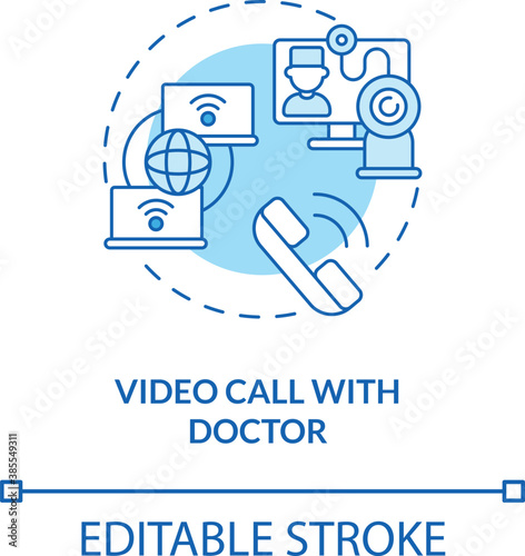 Video call with doctor concept icon. Telemedical consultation tutorial. Inovational medical service. Remote work idea thin line illustration. Vector isolated outline RGB color drawing. Editable stroke
