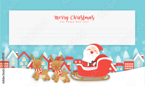 Christmas and happy new year postcard with cute Santa and freinds in the snow forest for greeting card .