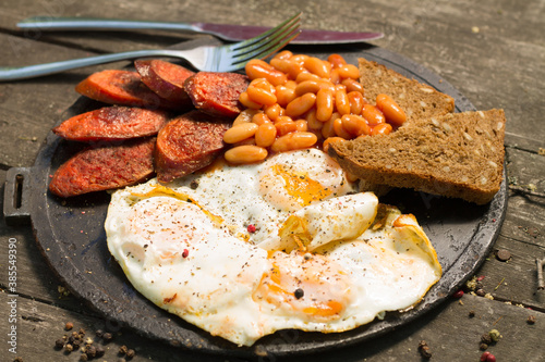 Traditional Full English Breakfast with Eggs, Bacon, Sausage