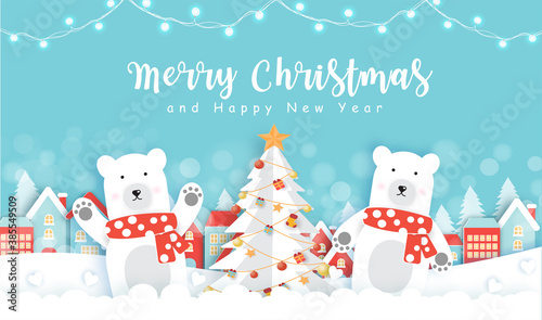 Christmas greeting card with cute polar bear in paper cut style.