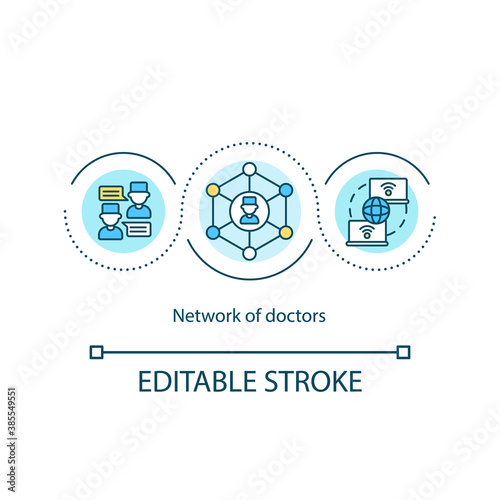 Doctors network concept icon. Improving healthcare access idea thin line illustration. Seeing patients online. Real-time consultation. Vector isolated outline RGB color drawing. Editable stroke