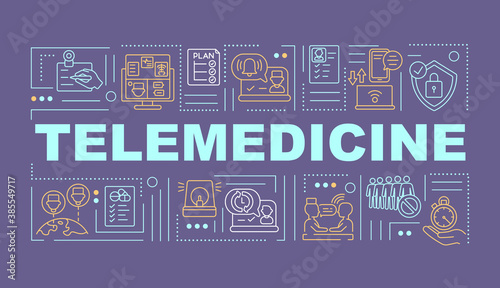 Telemedicine word concepts banner. Remote health monitoring and treatment. Telehealth. Infographics with linear icons on violet background. Isolated typography. Vector outline RGB color illustration