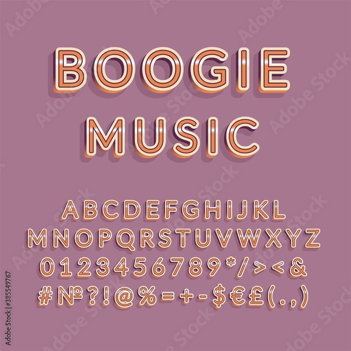 Boogie music header vintage 3d vector alphabet set. Retro bold font, typeface. Pop art stylized lettering. Old school style letters, numbers, symbols pack. 90s, 80s creative typeset design template