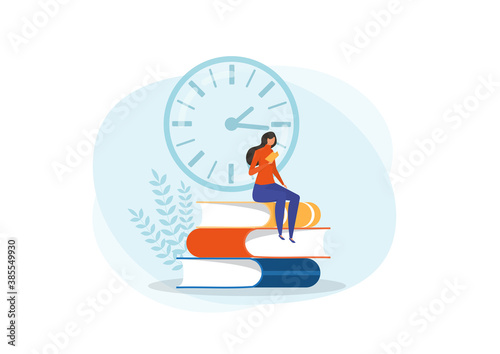 woman reading book, sitting on stack of giant books. Time to read books Concept Flat vector illustration