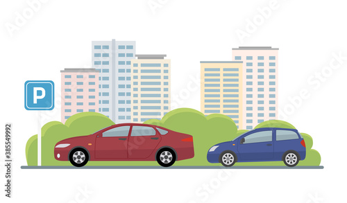 Parking lot with two cars on city background. Flat style, vector illustration. © alazur