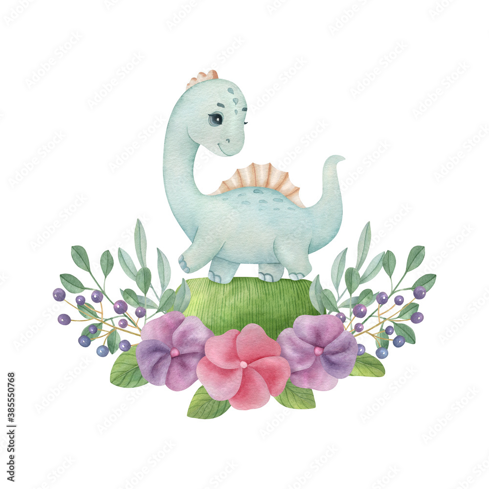 Fototapeta Cute little dinosaur with flower composition on the light background. Watercolor isolated cartoon kids illustration. Ideal for invitation, poster, home decor, packaging design, print.