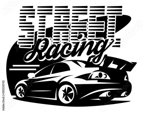 Street racing car. Vector monochrome illustration. Template for design